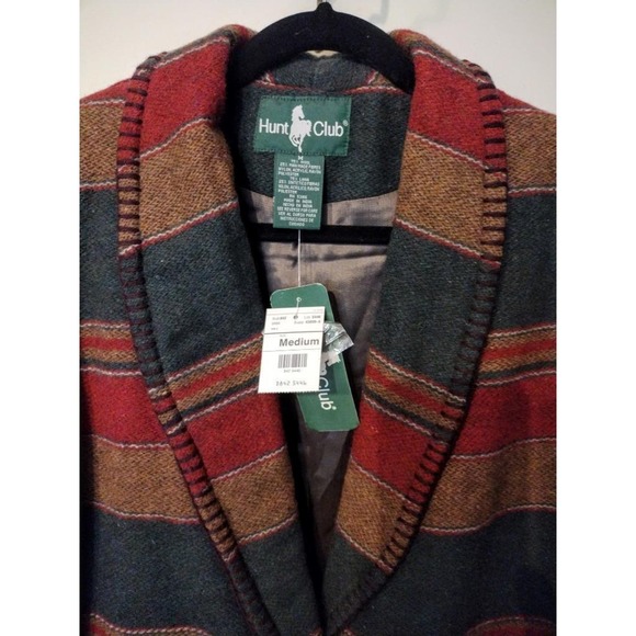 90s HUNT CLUB Wool Southwestern Blanket Jacket Green Red Oversized Riding M NWT - Picture 2 of 8